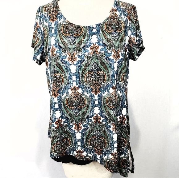 AB Studio Asymmetric Print Scoop Neck Short Sleeve Top Blouse Shirt Size L EUC - Picture 11 of 15